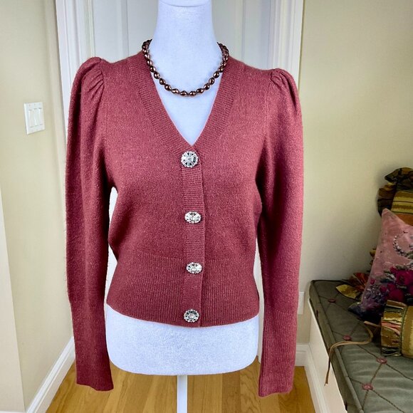Express Sweater Rusty Brown Gem Jewel Buttons Puff Sleeves 2022 (XS) - Picture 1 of 7
